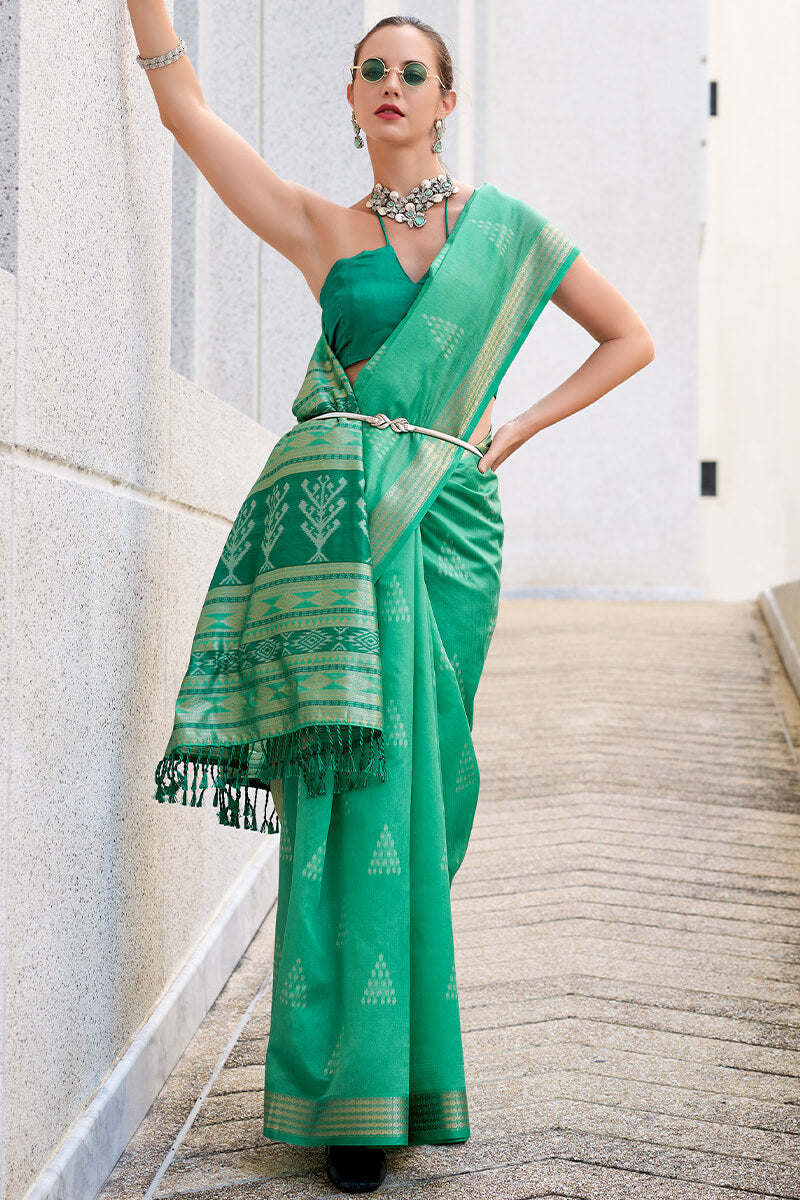 Exquisite Sea Green Soft Banarasi Silk Saree With Pulsating Blouse Piece