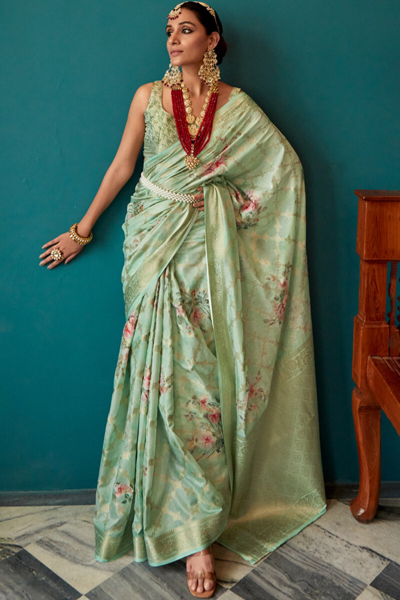 Dazzling Green Soft Banarasi Silk Saree With Mesmerising Blouse Piece