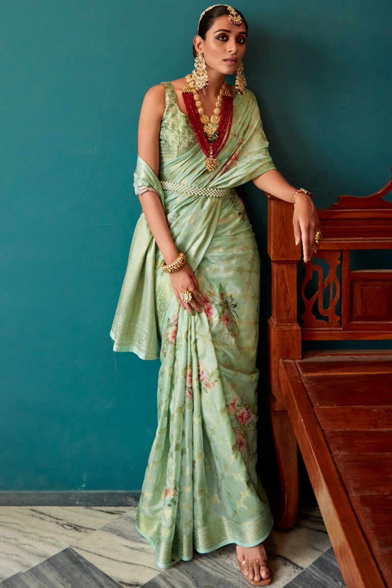 Dazzling Green Soft Banarasi Silk Saree With Mesmerising Blouse Piece