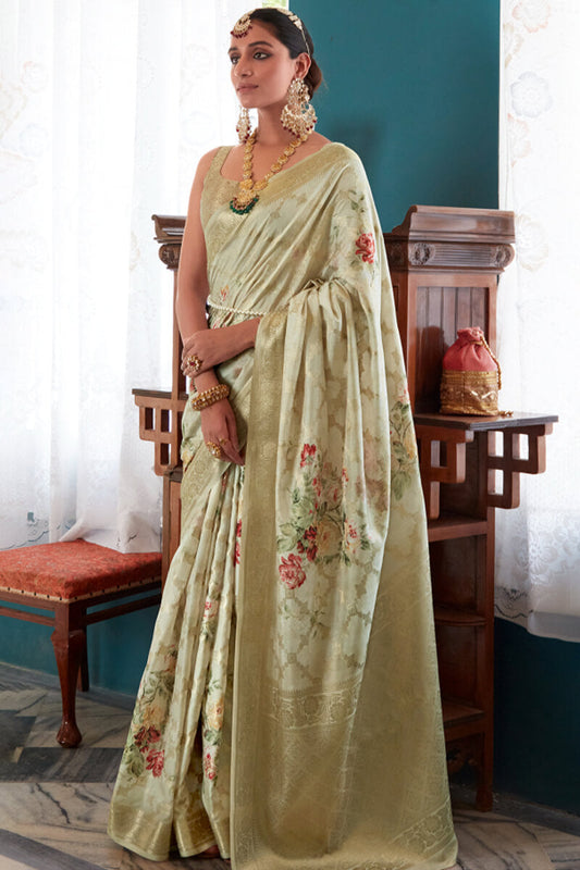 Blissful Pista Soft Banarasi Silk Saree With Glorious Blouse Piece