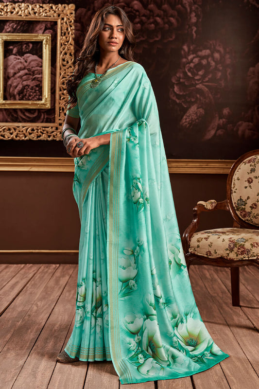 Admirable Turquoise Digital Printed Soft Silk Saree With Adoring Blouse Piece