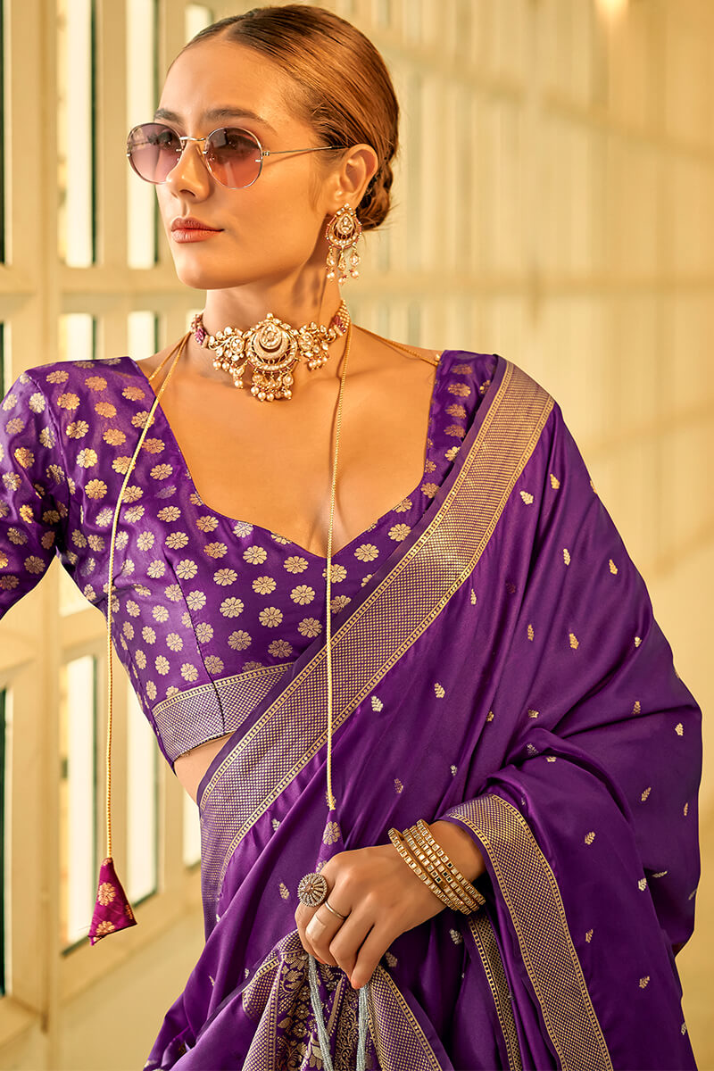 Brood Purple Banarasi Satin Silk Saree With Comely Blouse Piece