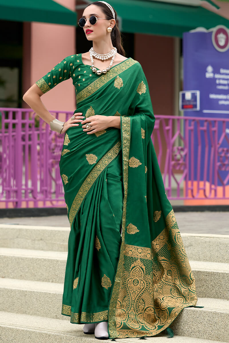 Ebullience Dark Green Soft Banarasi Silk Saree With Ideal Blouse Piece