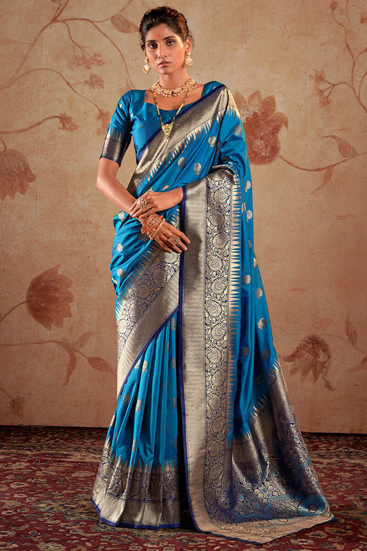 Capricious Blue Soft Banarasi Silk Saree With Exceptional Blouse Piece