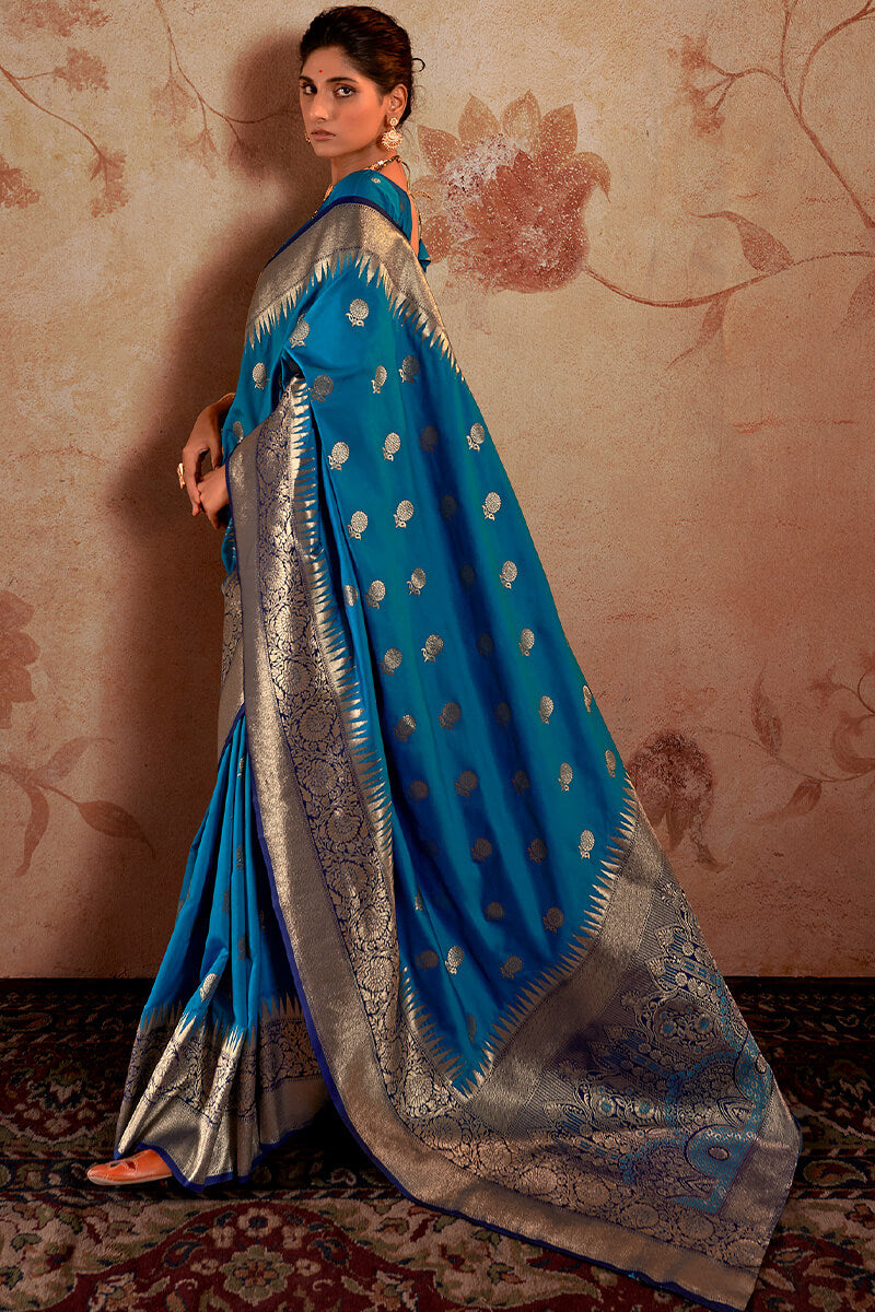 Capricious Blue Soft Banarasi Silk Saree With Exceptional Blouse Piece