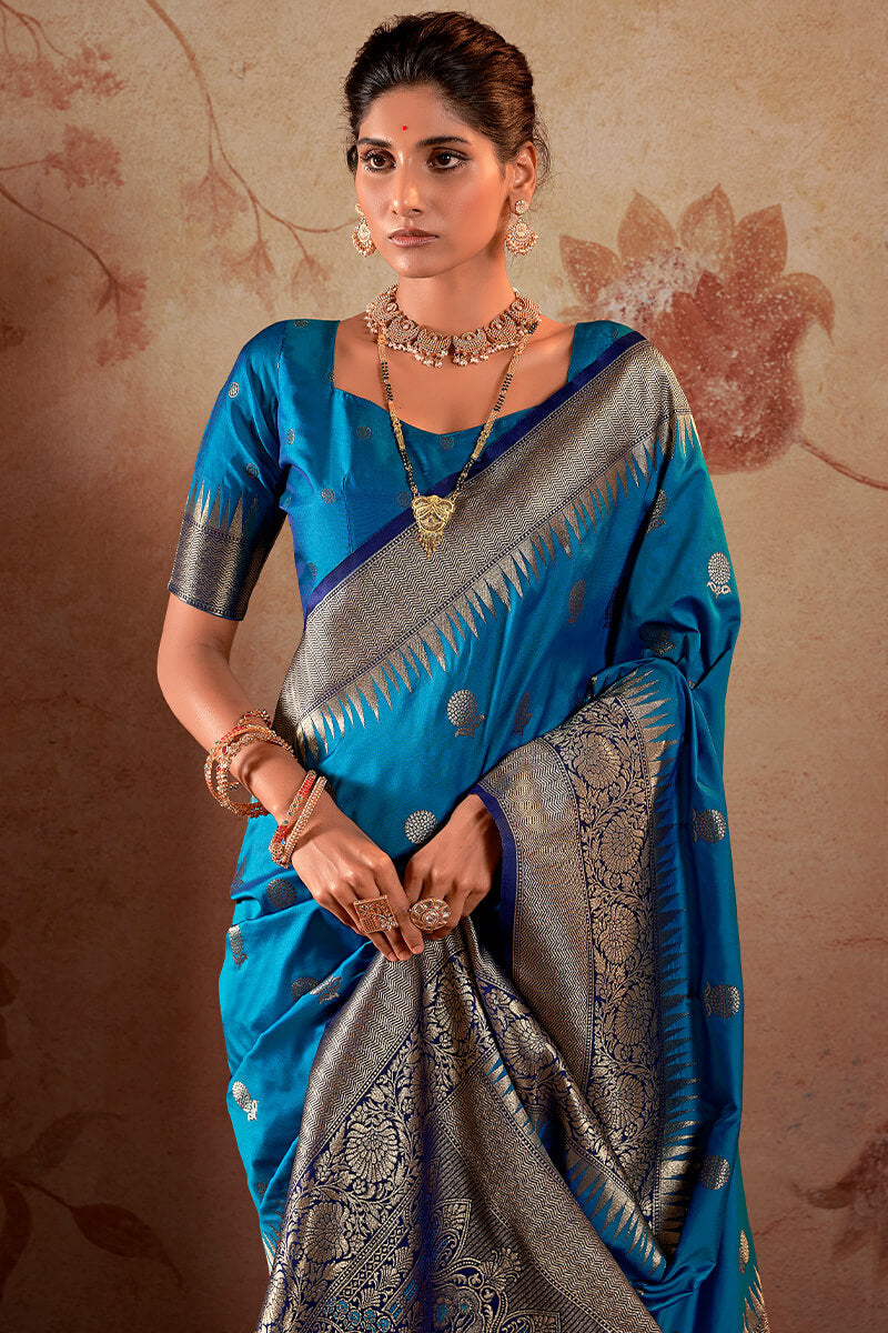 Capricious Blue Soft Banarasi Silk Saree With Exceptional Blouse Piece