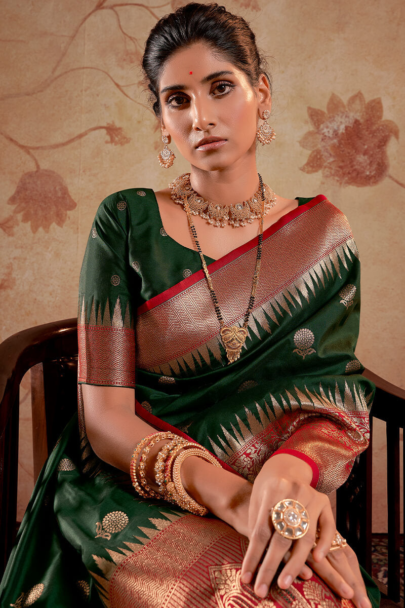 Classy Dark Green Soft Banarasi Silk Saree With Charming Blouse Piece