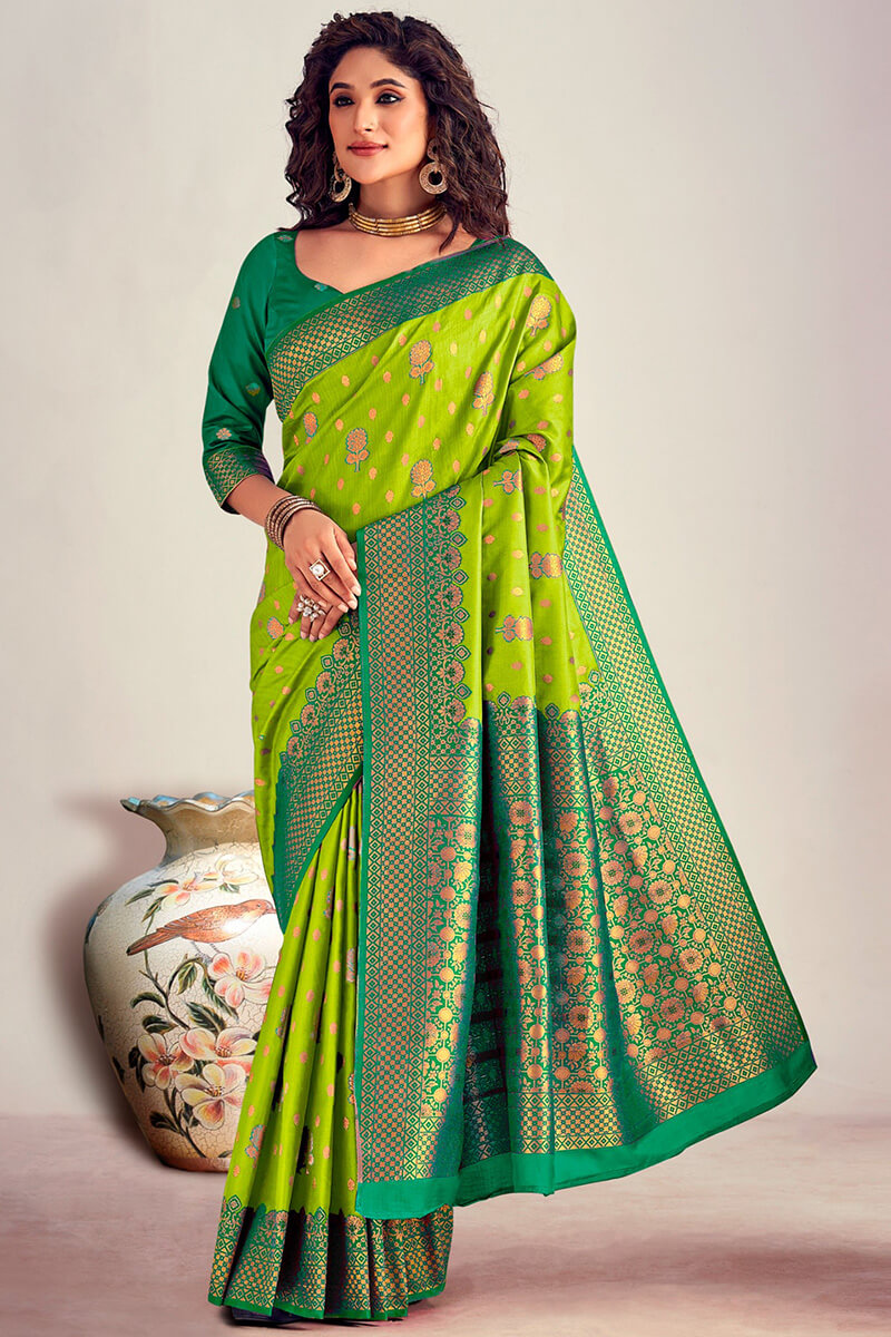 Capricious Parrot Soft Banarasi Silk Saree With Beautiful Blouse Piece