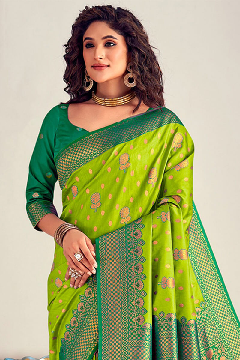 Capricious Parrot Soft Banarasi Silk Saree With Beautiful Blouse Piece