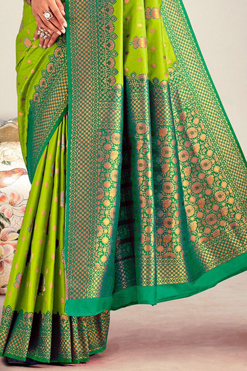 Capricious Parrot Soft Banarasi Silk Saree With Beautiful Blouse Piece