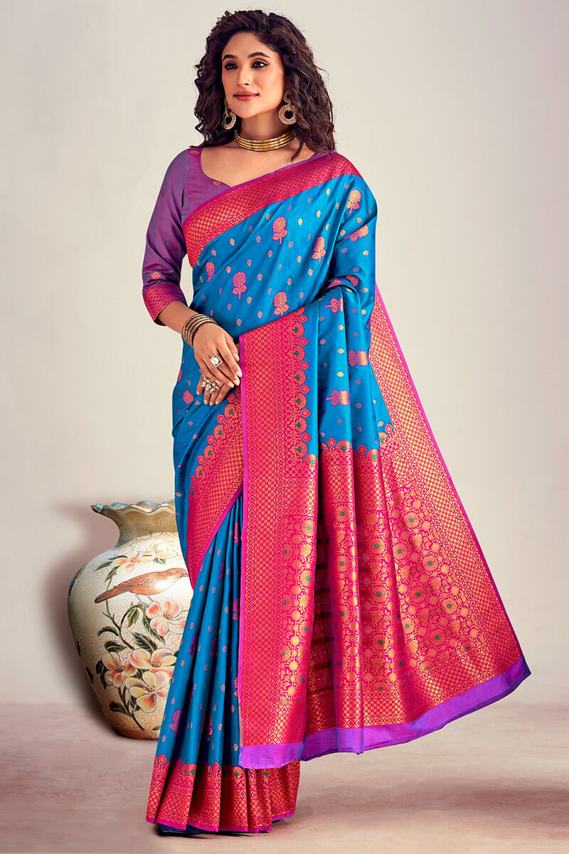 Blooming Blue Soft Banarasi Silk Saree With Flamboyant Blouse Piece