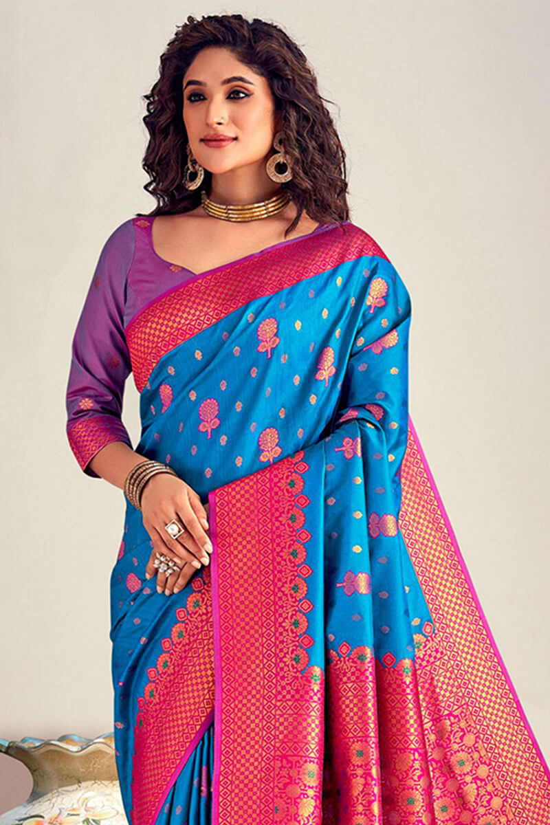 Blooming Blue Soft Banarasi Silk Saree With Flamboyant Blouse Piece