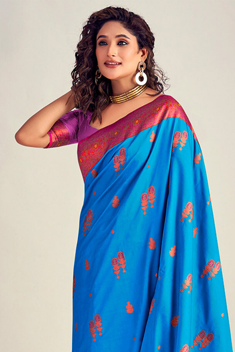 Demure Blue Soft Banarasi Silk Saree With Fairytale Blouse Piece