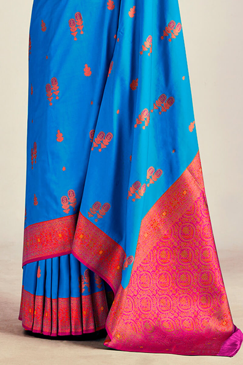 Demure Blue Soft Banarasi Silk Saree With Fairytale Blouse Piece