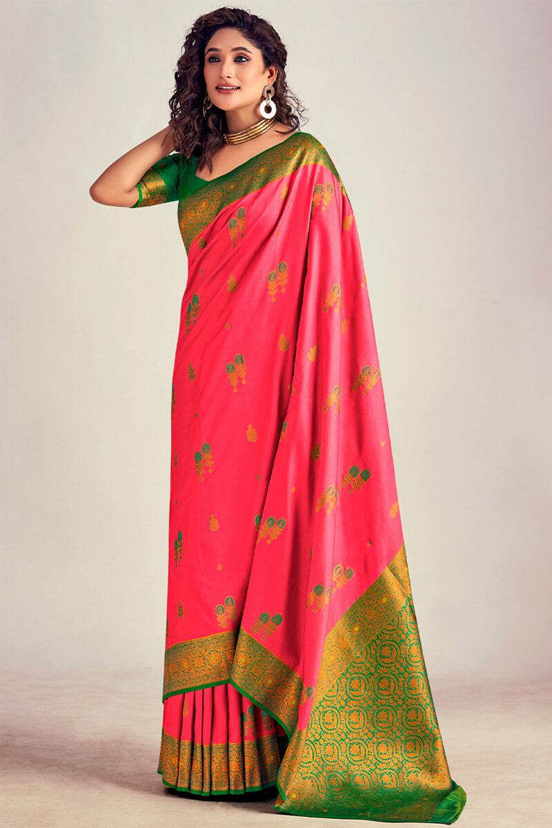 Majesty Pink Soft Banarasi Silk Saree With Blooming Blouse Piece