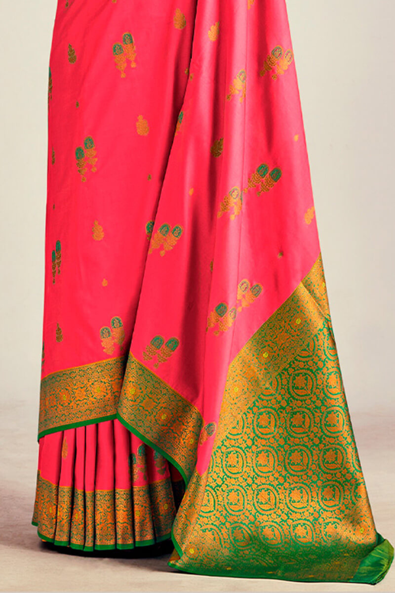 Majesty Pink Soft Banarasi Silk Saree With Blooming Blouse Piece