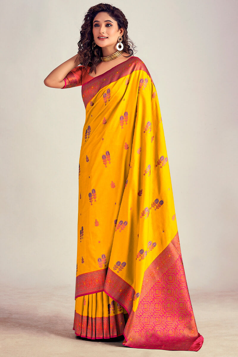 Confounding Yellow Soft Banarasi Silk Saree With Enchanting Blouse Piece