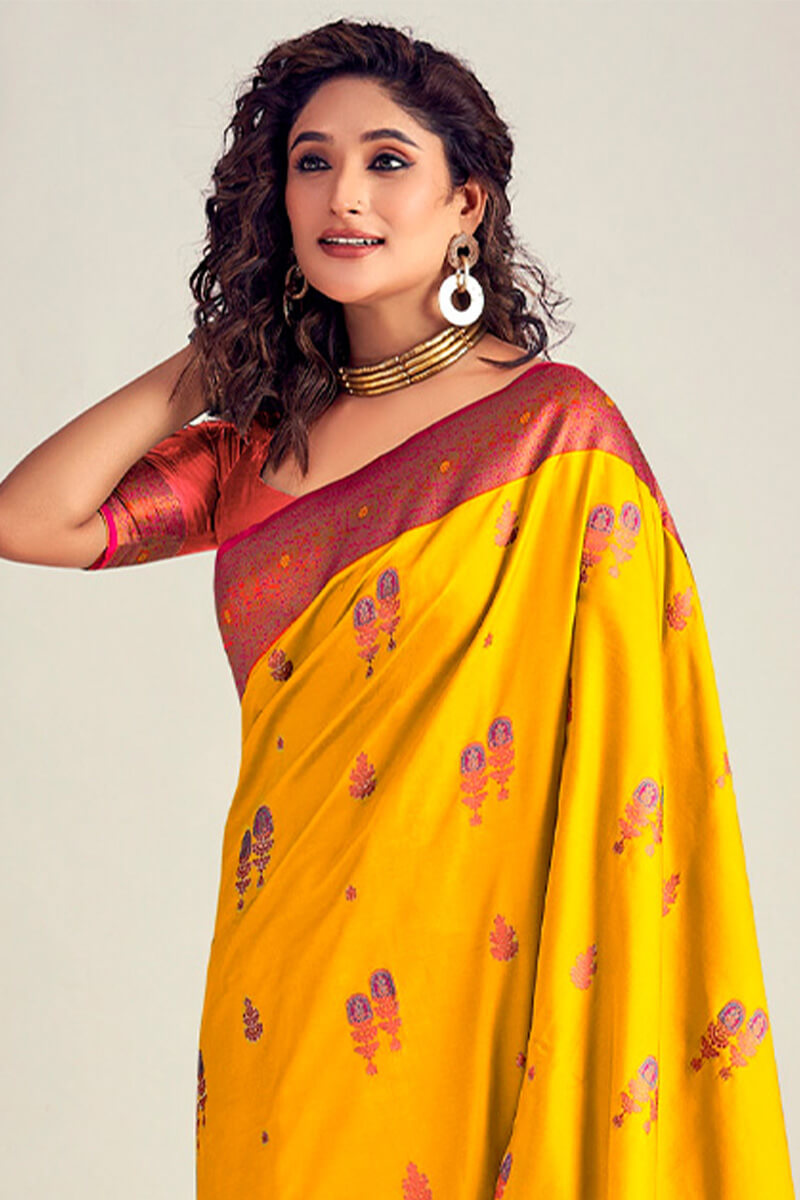 Confounding Yellow Soft Banarasi Silk Saree With Enchanting Blouse Piece