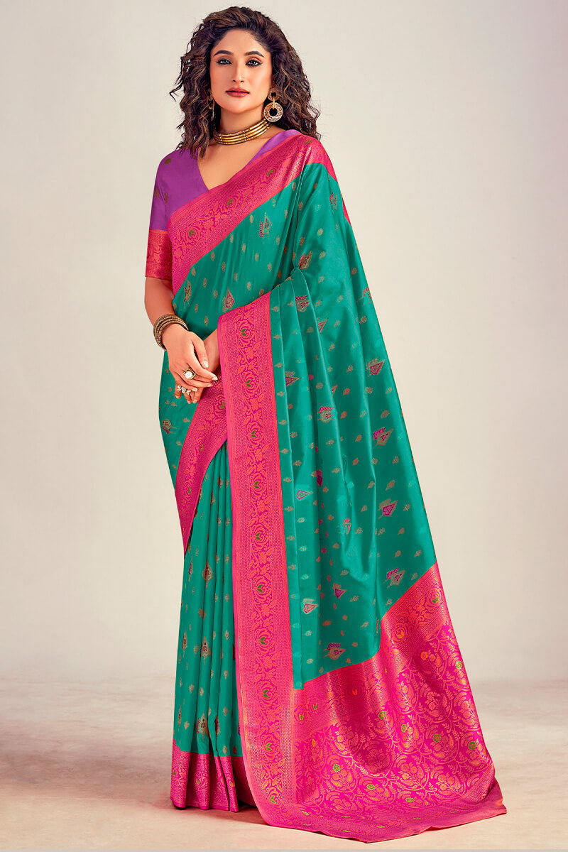 Murmurous Rama Soft Banarasi Silk Saree With Dissemble Blouse Piece