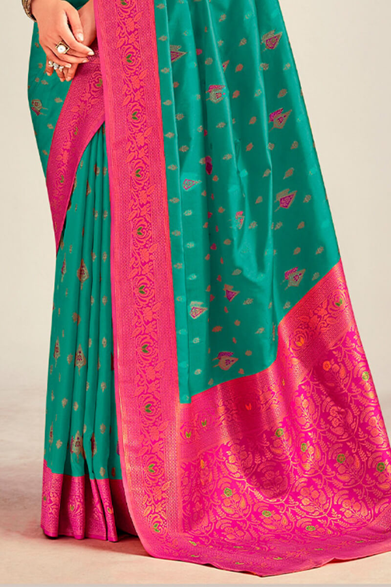 Murmurous Rama Soft Banarasi Silk Saree With Dissemble Blouse Piece