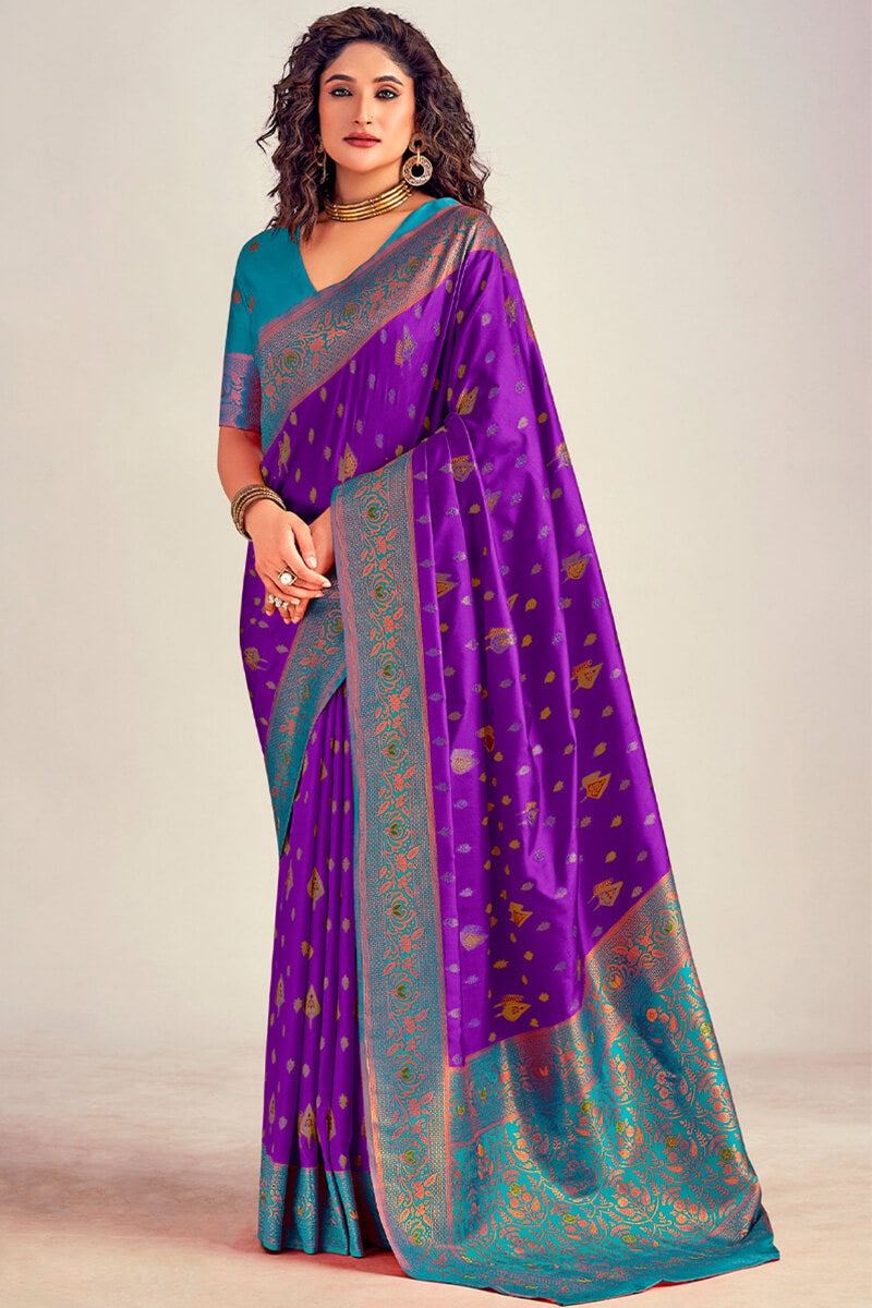 Engaging Purple Soft Banarasi Silk Saree With Prodigal Blouse Piece