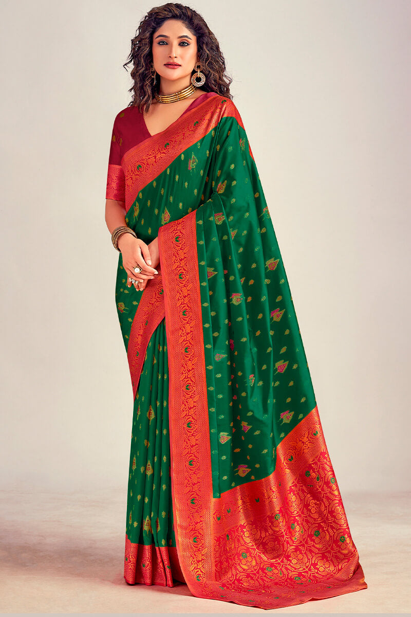 Effulgent Dark Green Soft Banarasi Silk Saree With Luminous Blouse Piece