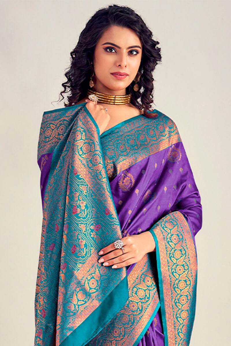 Mesmeric Purple Soft Banarasi Silk Saree With Twirling Blouse Piece