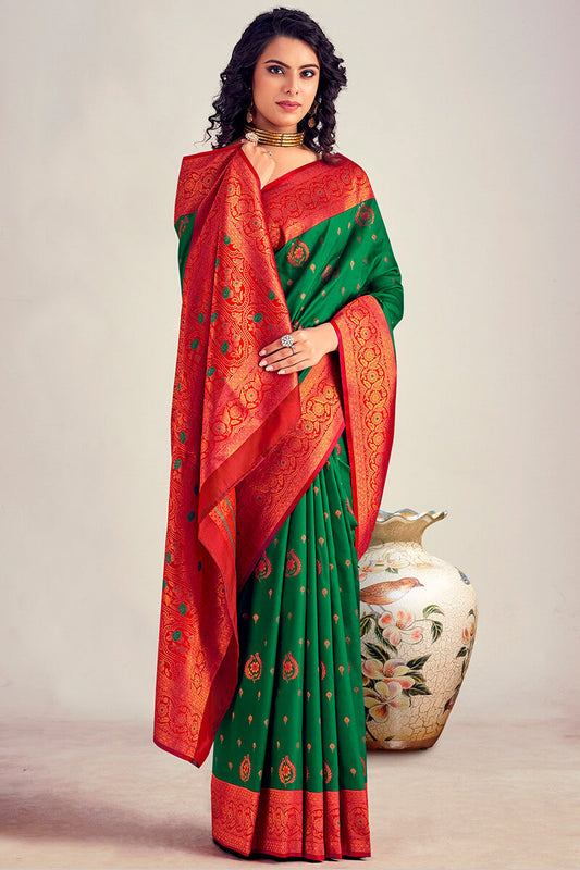 Ideal Dark Green Soft Banarasi Silk Saree With Excellent Blouse Piece