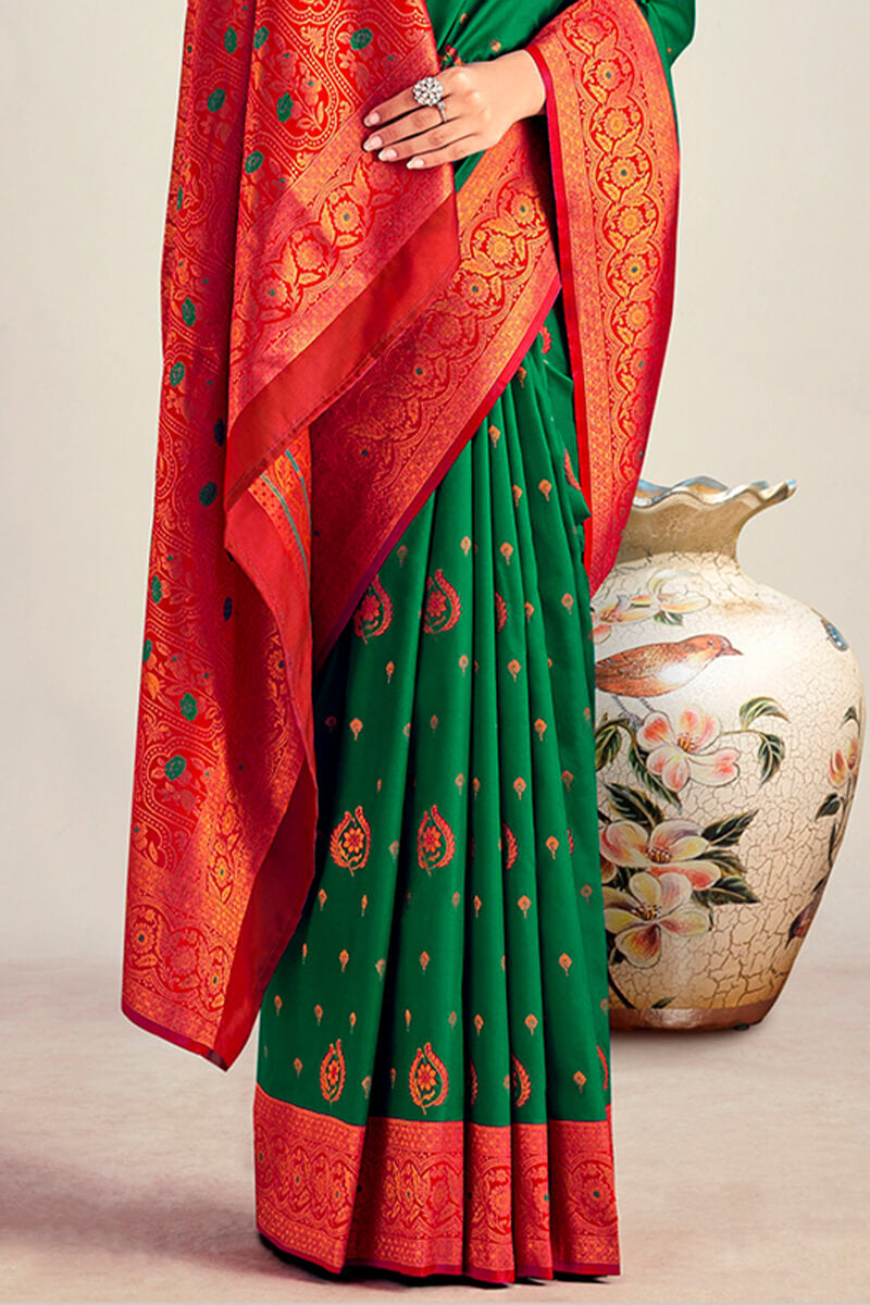 Ideal Dark Green Soft Banarasi Silk Saree With Excellent Blouse Piece