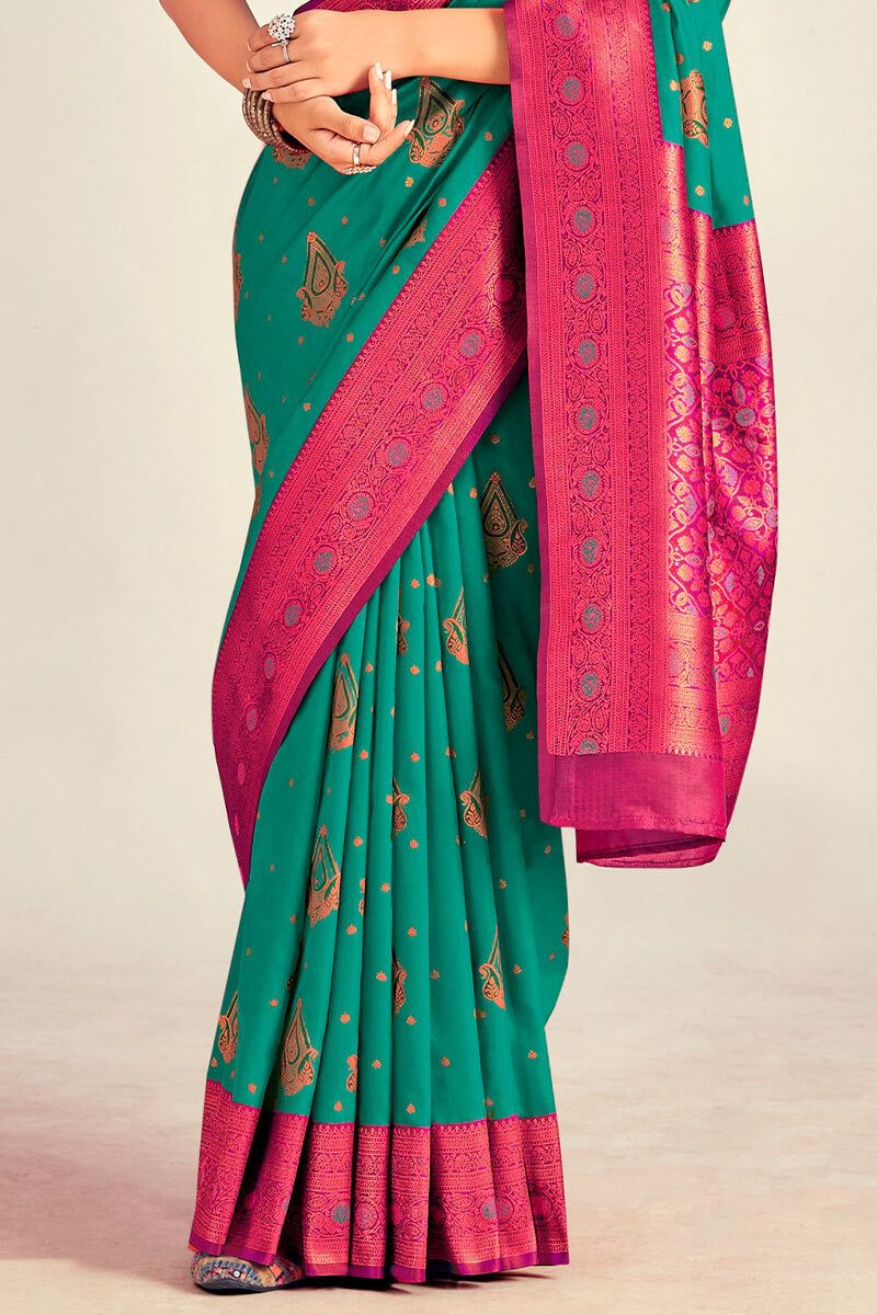 Ethnic Rama Soft Banarasi Silk Saree With Staring Blouse Piece