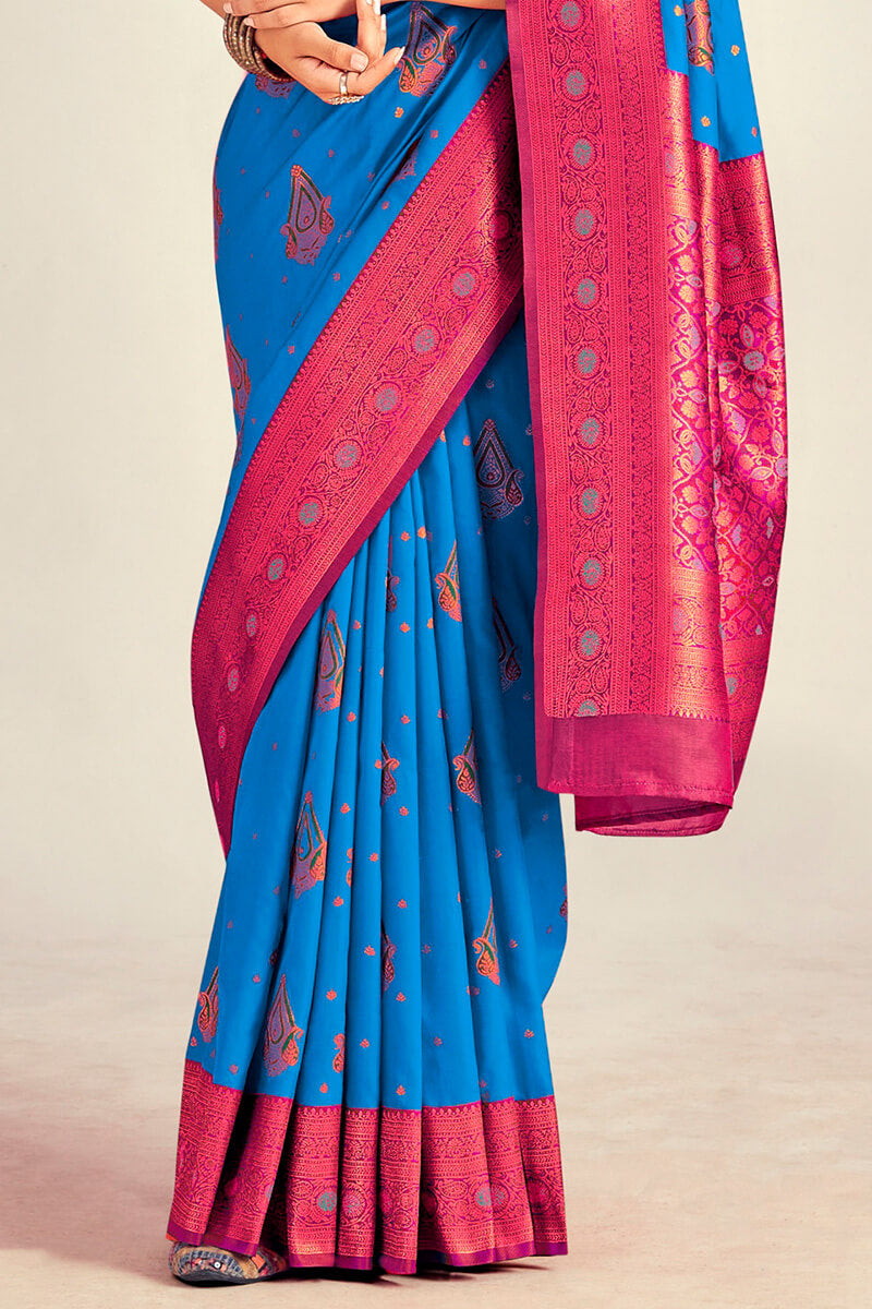 Majesty Blue Soft Banarasi Silk Saree With Flameboyant Blouse Piece