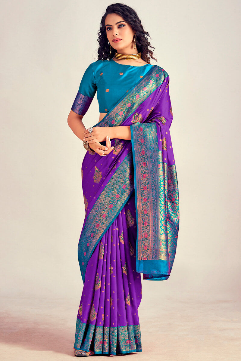 Eloquence Purple Soft Banarasi Silk Saree With Lagniappe Blouse Piece