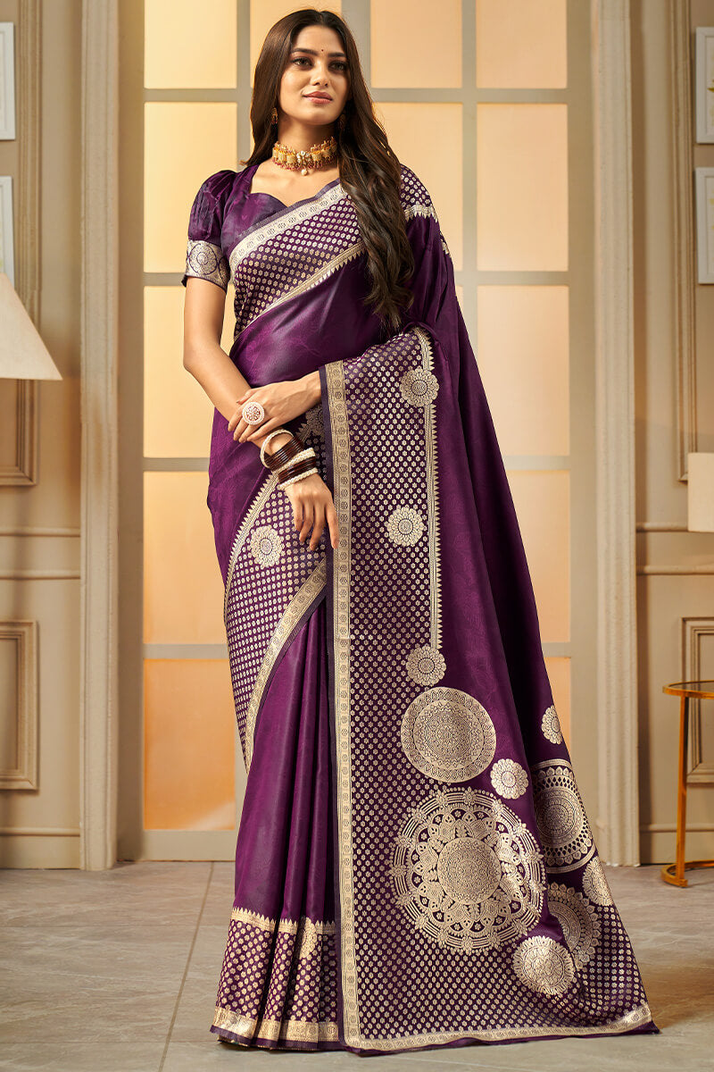 Bucolic Purple Soft Banarasi Silk Saree With Embrocation Blouse Piece