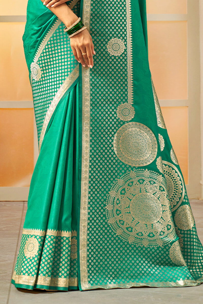 Lissome Sea Green Soft Banarasi Silk Saree With Redolent Blouse Piece