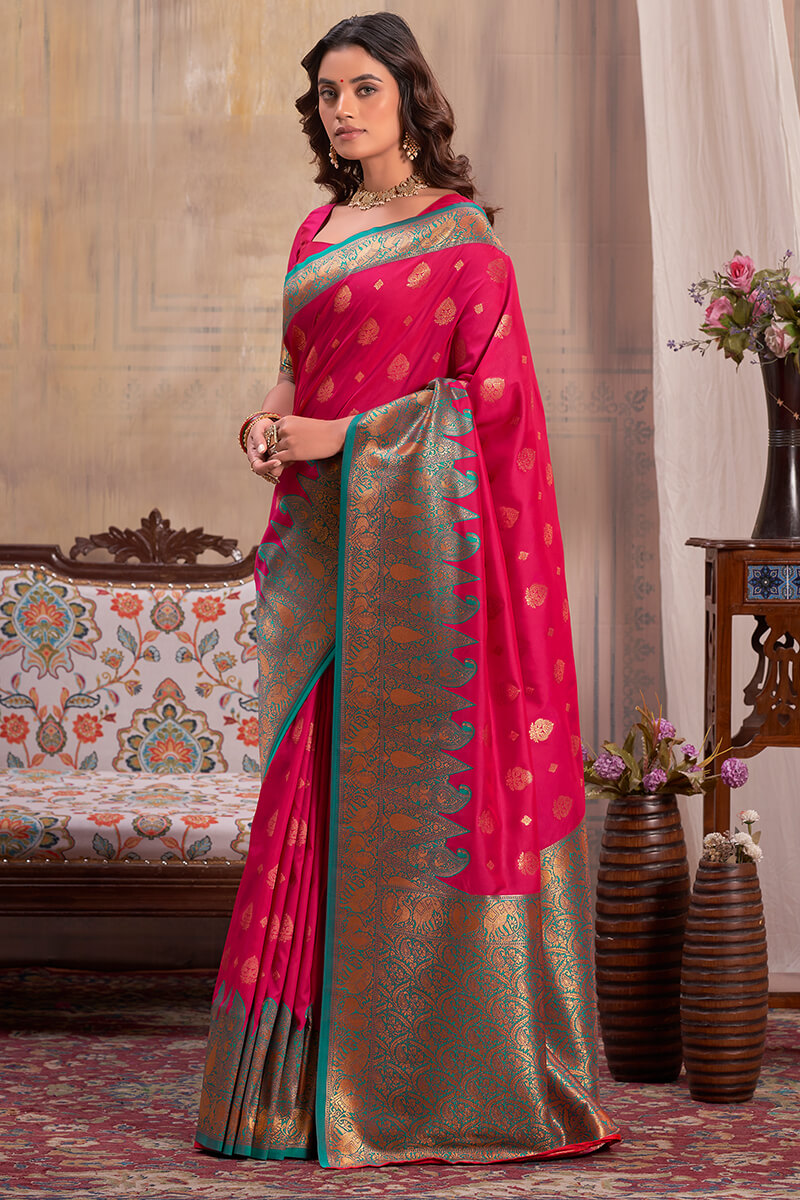 Majestic Dark Pink Soft Banarasi Silk Saree With Zephyr Blouse Piece