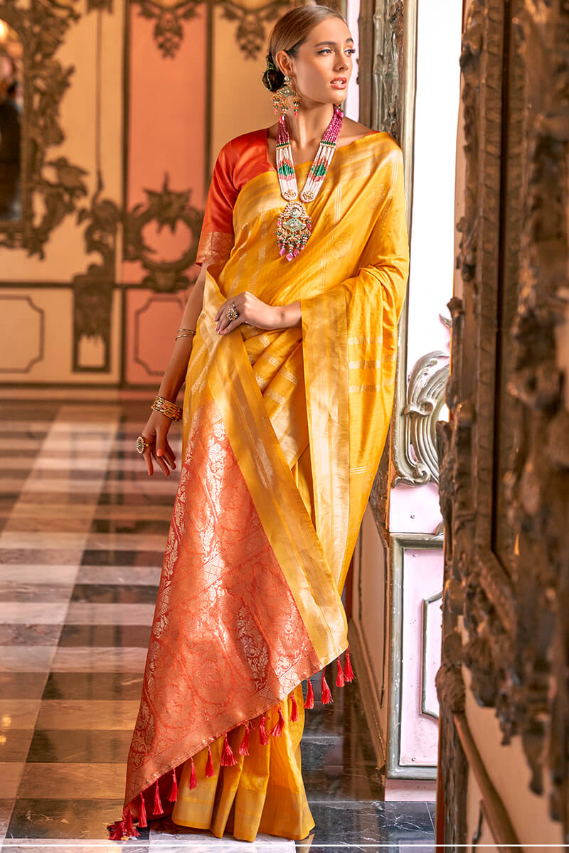 Diaphanous Yellow Soft Banarasi Silk Saree With Bewitching Blouse Piece