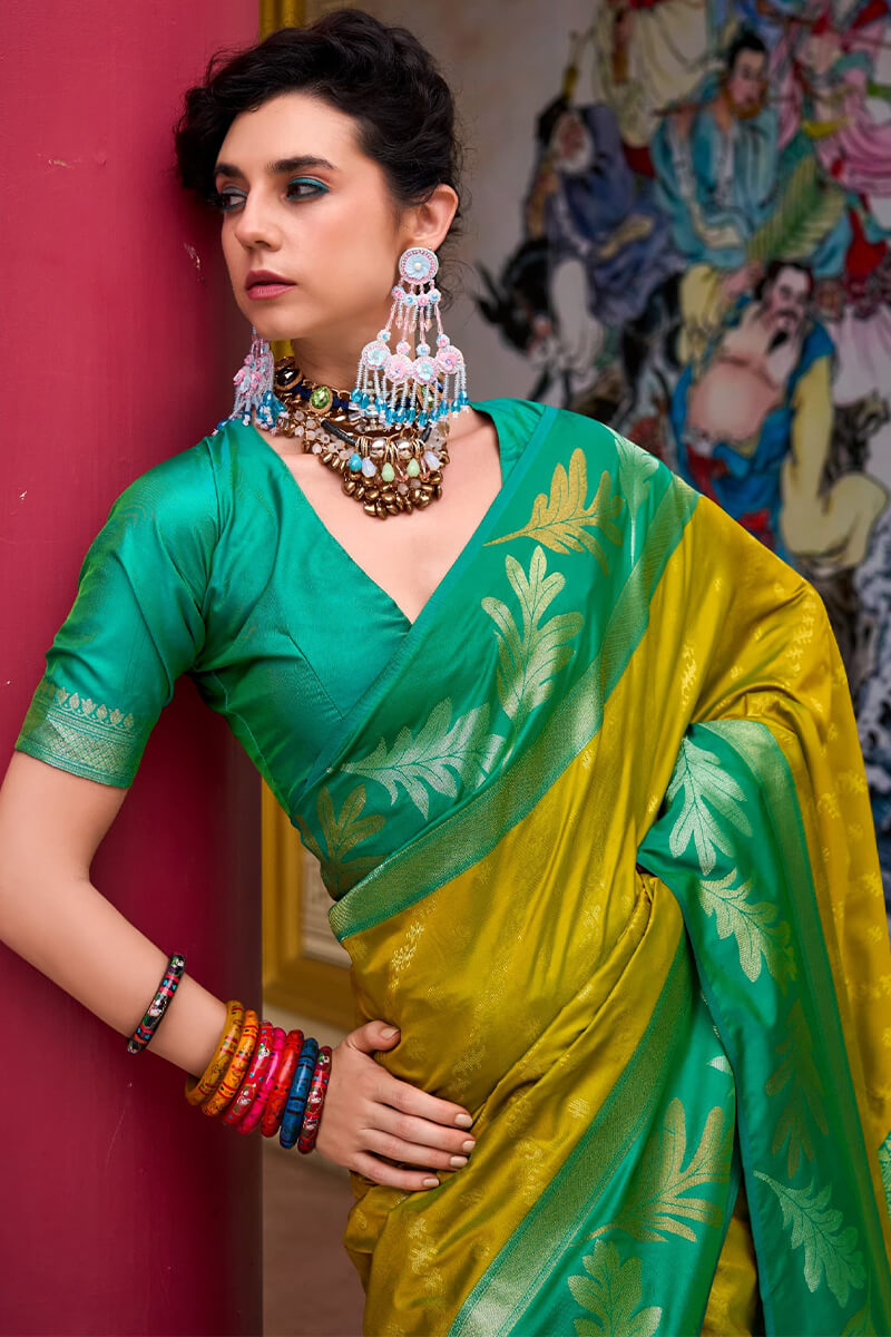 Impressive Mehndi Soft Banarasi Silk Saree With Arresting Blouse Piece