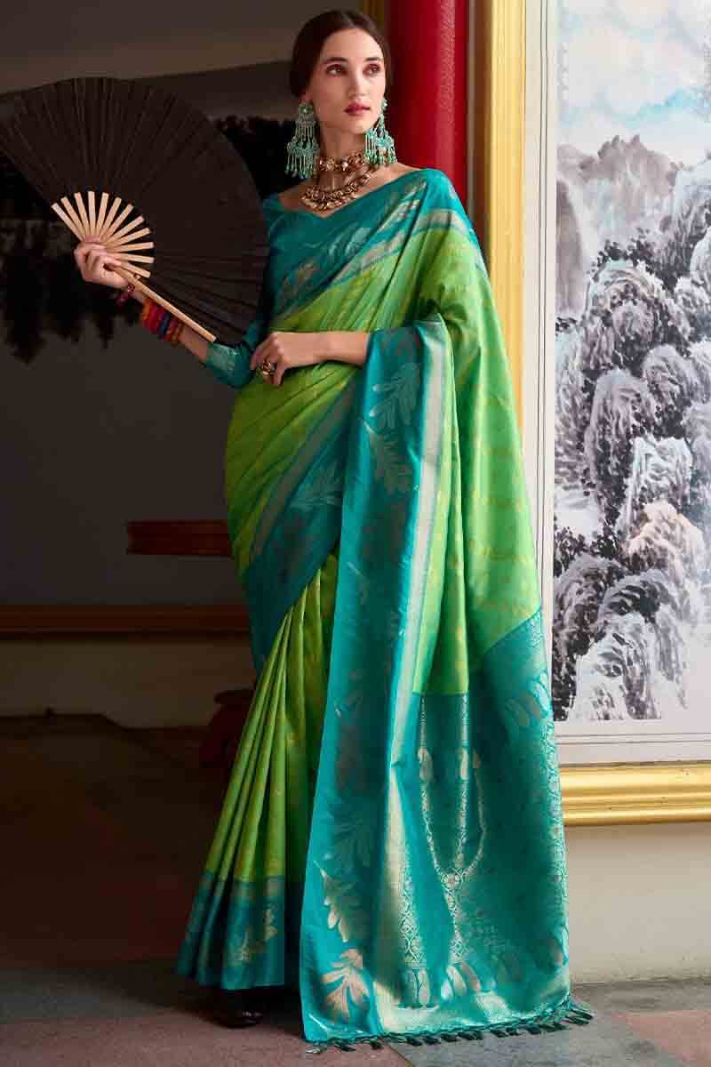 Allure Parrot Soft Banarasi Silk Saree With Glamorous Blouse Piece