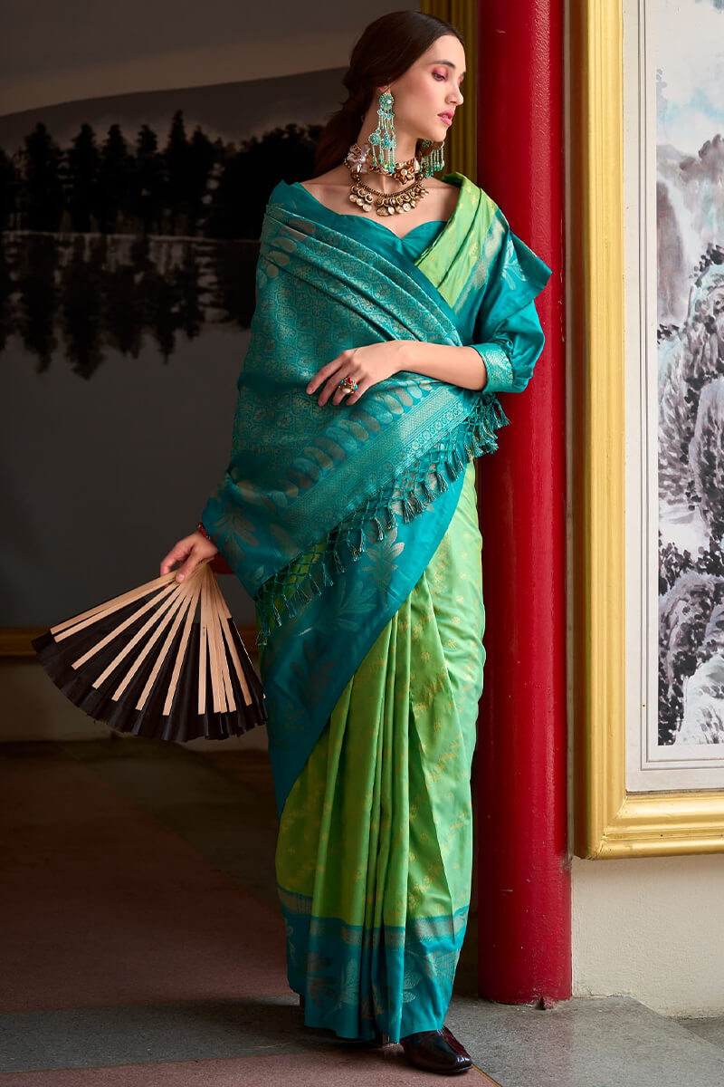 Allure Parrot Soft Banarasi Silk Saree With Glamorous Blouse Piece