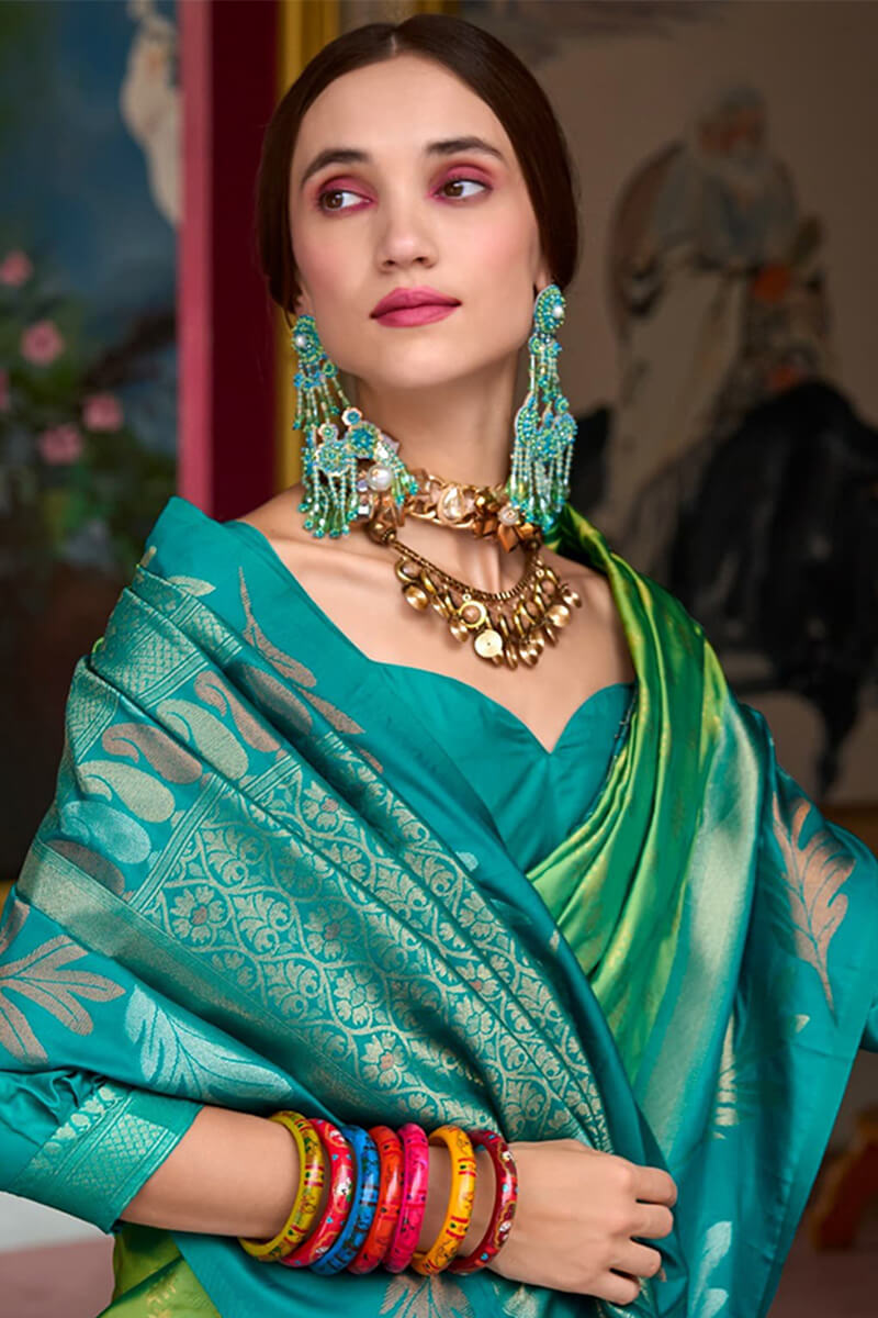 Allure Parrot Soft Banarasi Silk Saree With Glamorous Blouse Piece