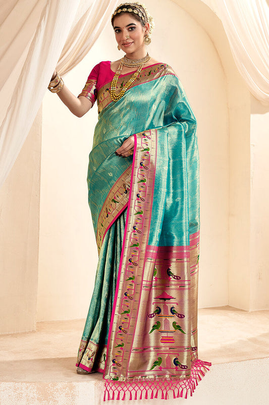 Exemplary Sea Green Paithani Silk Saree With Rhapsody Blouse Piece