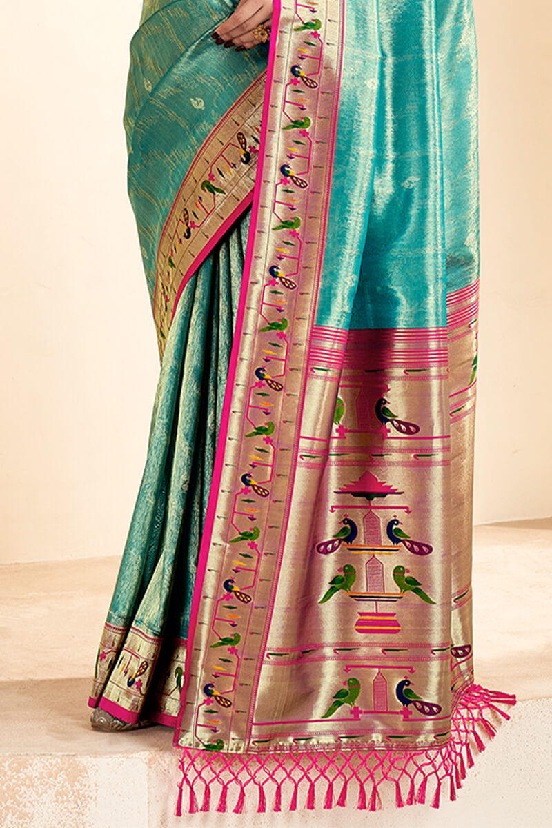 Exemplary Sea Green Paithani Silk Saree With Rhapsody Blouse Piece