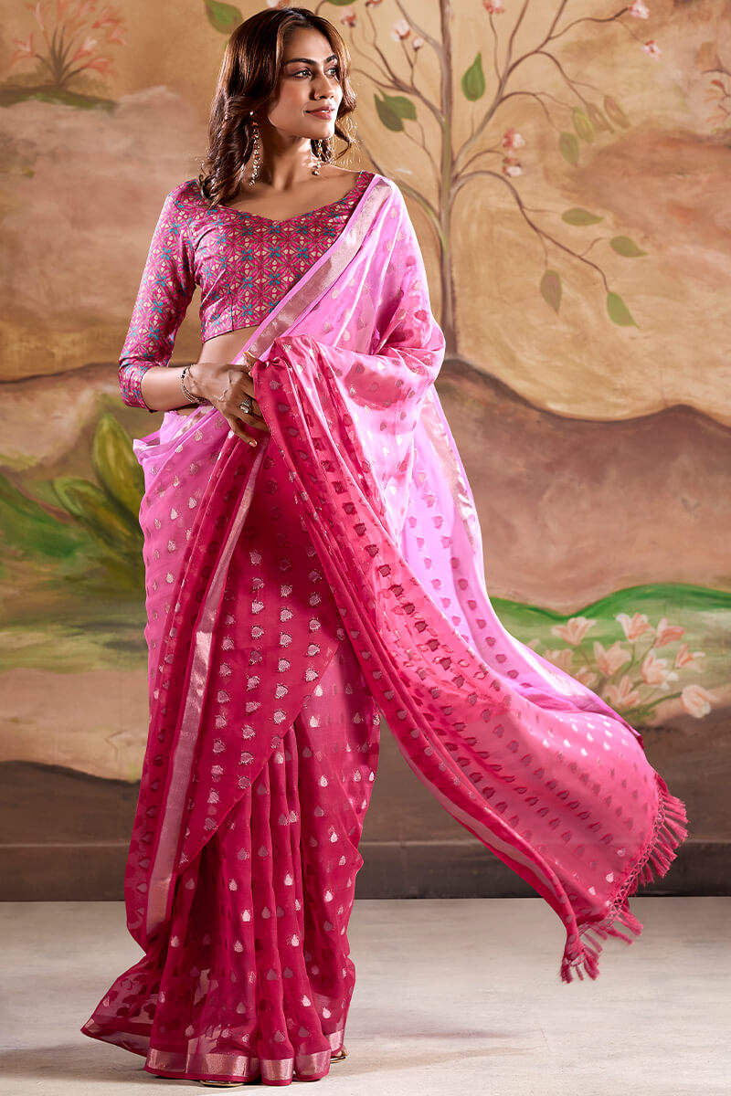 Mesmerising Pink Georgette Banarasi Silk Saree With Alluring Blouse Piece