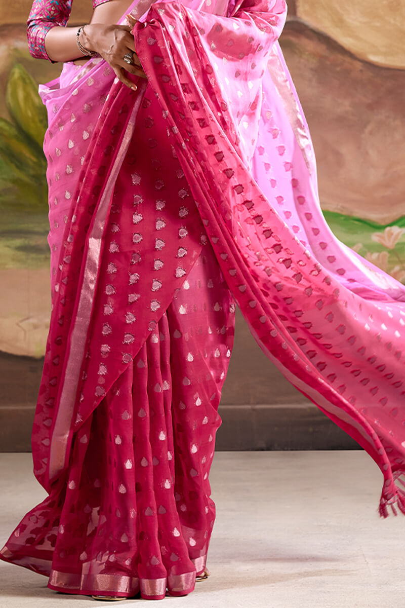 Mesmerising Pink Georgette Banarasi Silk Saree With Alluring Blouse Piece