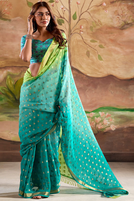 Adorable Sea Green Georgette Banarasi Silk Saree With Intricate Blouse Piece