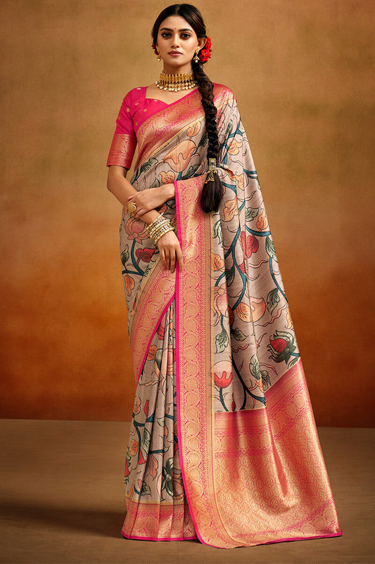 Adoring Beige Kalamkari Printed Saree With Scrupulous Blouse Piece