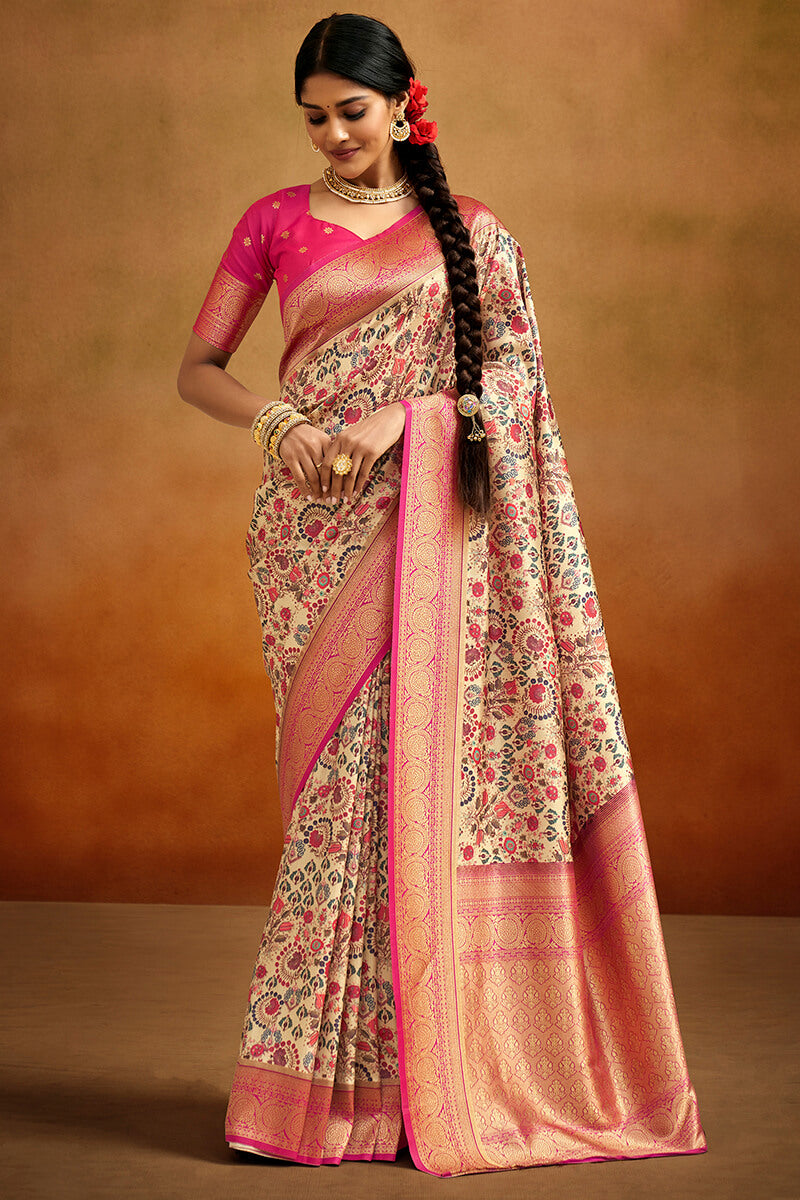 Exquisite Beige Kalamkari Printed Saree With Allure Blouse Piece