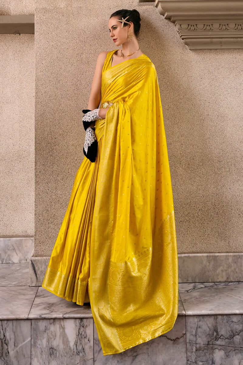 Adorning Yellow Banarasi Satin Silk Saree With Demanding Blouse