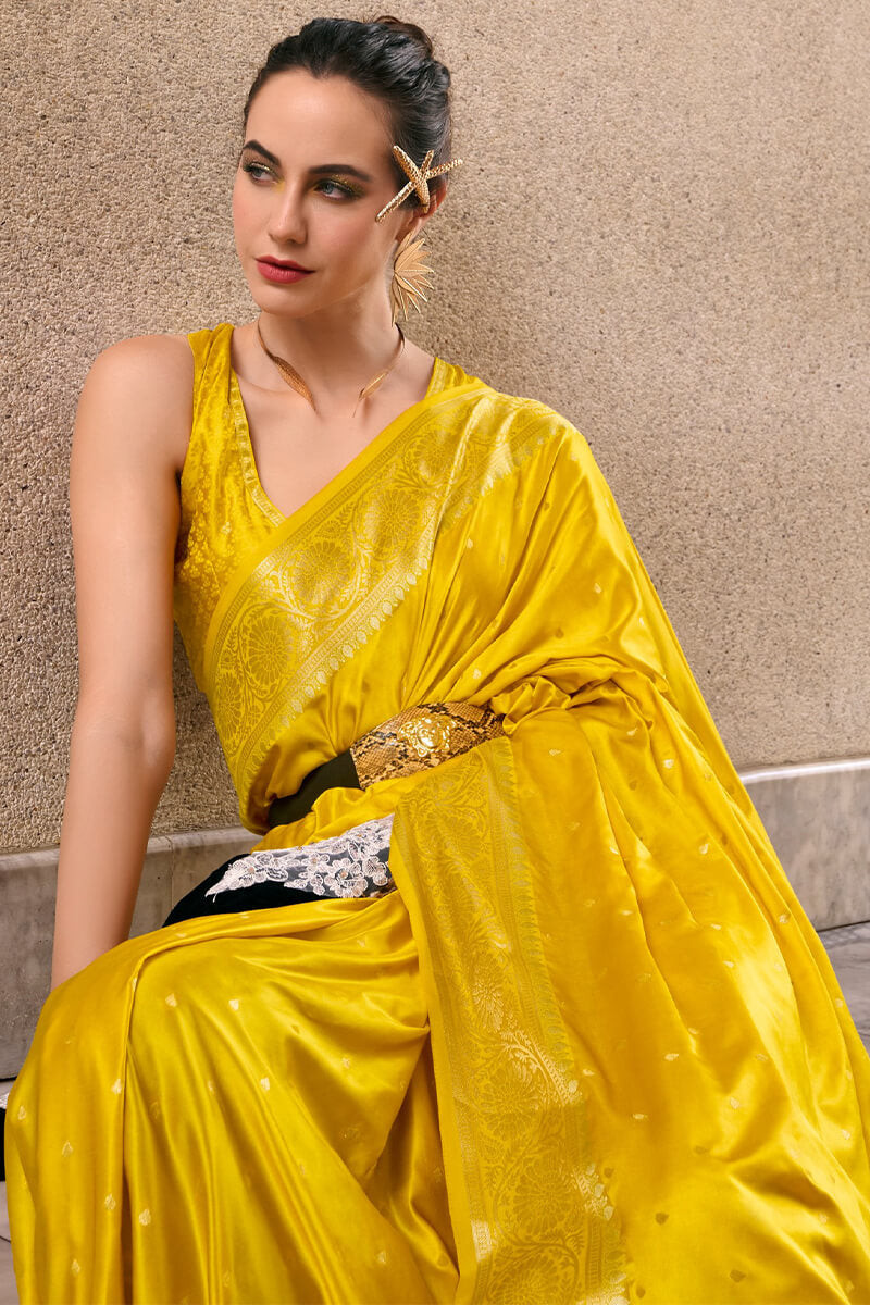 Adorning Yellow Banarasi Satin Silk Saree With Demanding Blouse