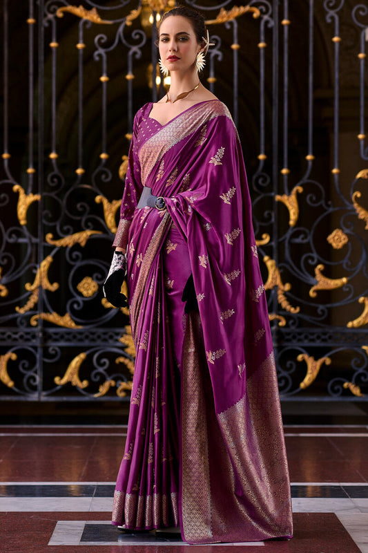 Blooming Purple Banarasi Satin Silk Saree With Engrossing Blouse